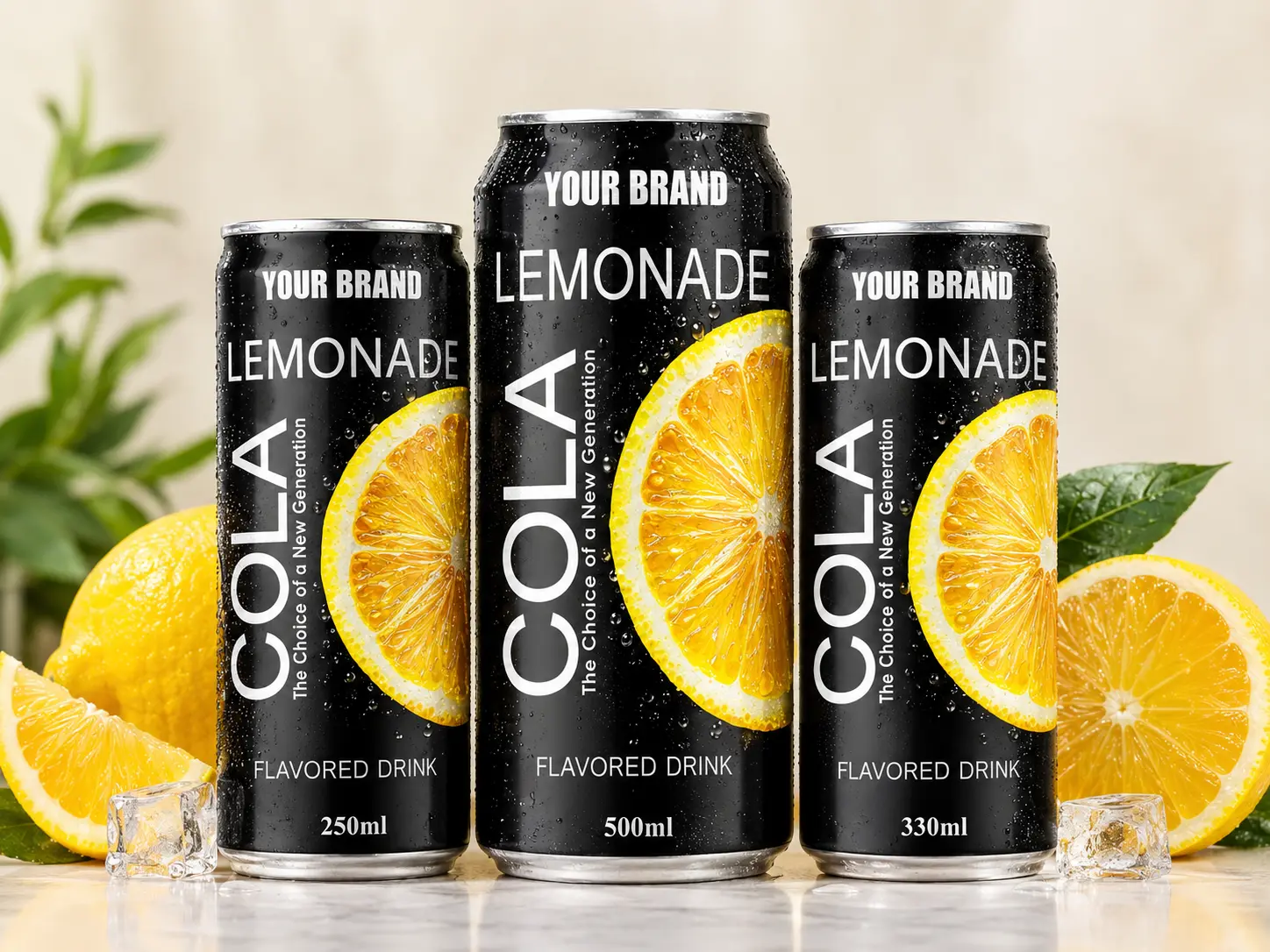 COLA DRINK Lemonade flavour in 250ml, 500ml, and 330ml cans.